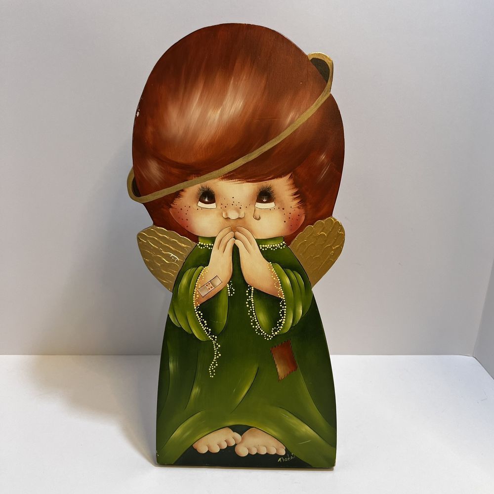Vintage wooden folk art hand painted angel wooden holiday display‎